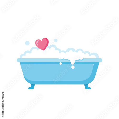 Vector art of blue bathtub with foam and pink heart isolated on white background