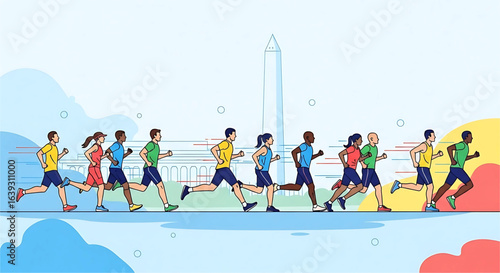 Illustrative group of diverse individuals participate in a race near the iconic monument, promoting health and fitness while celebrating community spirit and physical activity