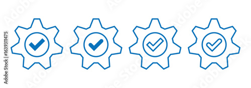 Gear Icons with check mark line icon. Setting gears icon, Cog wheel symbol in blue color. Blue Settings and Repair Gear Icon outline. Vector illustration.