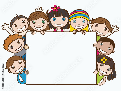 Diverse international children holding blank template for illustration