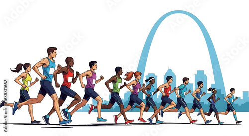 Illustrative depiction of diverse runners in a marathon event with a notable cityscape in the backdrop showcasing determination and athletic spirit in a vibrant setting