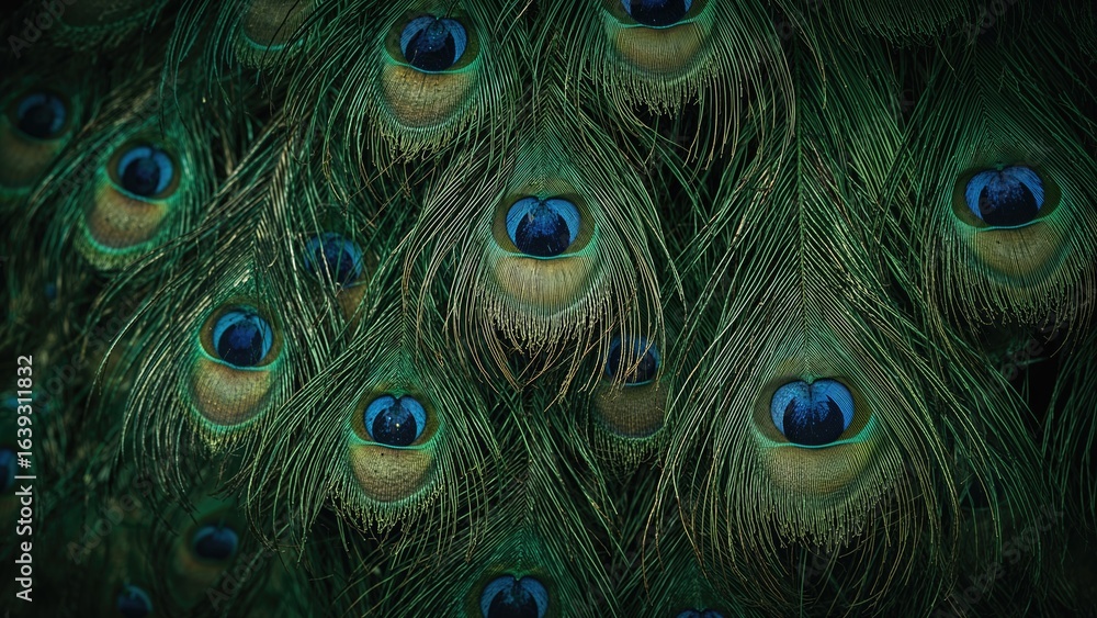 Fototapeta premium Zoomed-in image of radiant peafowl feathers, Beautiful emerald colors
