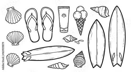 Hand-drawn Beach Icons – Surfboards, Flip-Flops, Shells, Ice Cream, Sunscreen – Summer Doodle Vector Set