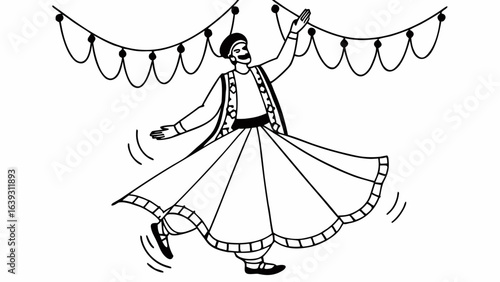 Illustration of a man in traditional attire dancing under a string of lights in black and white created with generated ai