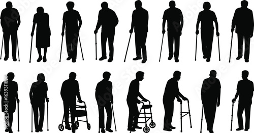 Silhouette of elderly people walking with cane and walker, senior citizens mobility support, aging population, healthcare, rehabilitation, disability aid, assistance