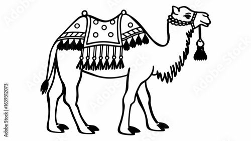 Illustration of a camel with a saddle and decorative tassels in black and white outline style drawing created with generated ai