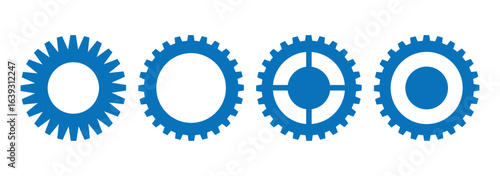 Gear setting icon set. Blue gears mechanism and cog wheel on white background. Vector illustrations.