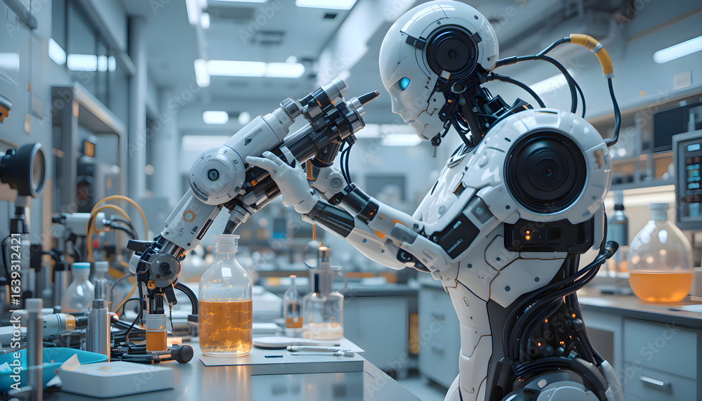 Advanced robot engaged in precise scientific work inside a laboratory, surrounded by modern equipment and research instruments Advanced robot engaged in precise scientific work inside a laboratory, surrounded by modern equipment and research instruments