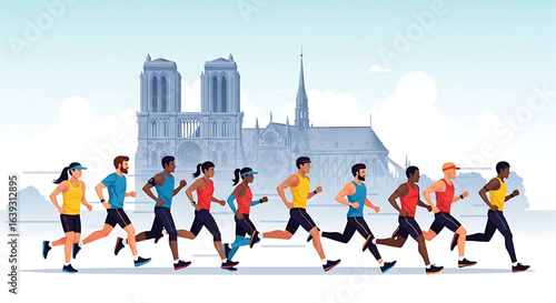 Diverse group of runners participating in a marathon with a majestic cathedral in the backdrop showcasing athletic achievement and city landmarks