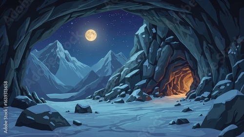 Nighttime winter scene with glowing cave entrance in rocky mountains under moonlight
