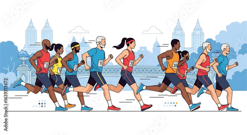 Diverse group of athletes participating in a city marathon run, showcasing fitness, endurance, and the spirit of competition against a stylized urban backdrop