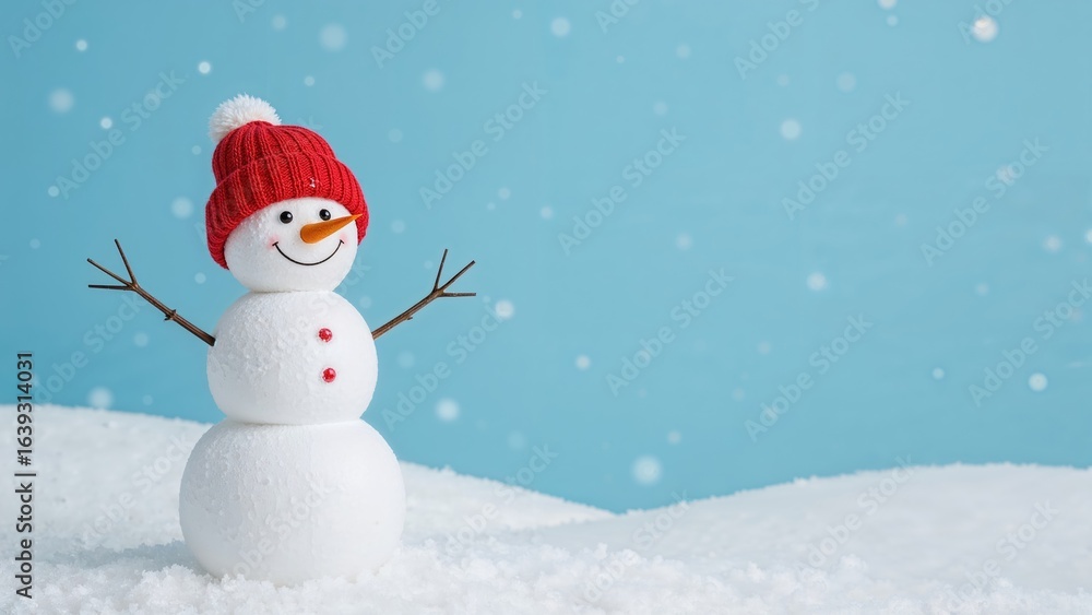 Fototapeta premium Single small snowman wearing a hat on a chilly blue and white backdrop during winter.