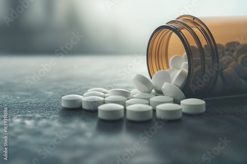 Amber bottle with diazepam, valium tablets on table, soft light. Mental health concept: anxiety, insomnia, therapy, prescription, sedative medication.