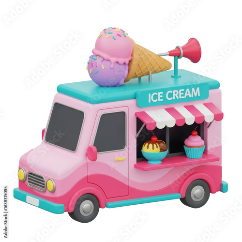 Cute Pink and White Ice Cream Food Truck with a Giant Cone, Stools, and Awning