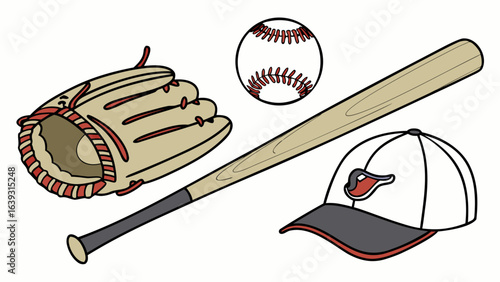 Illustration of baseball equipment including a glove ball bat and baseball cap on a white backdrop created with generated ai