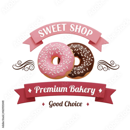 3D Rendered "Sweet Shop" and "Premium Bakery" Ribbons with Two Donuts and Swirls Vector Illustration