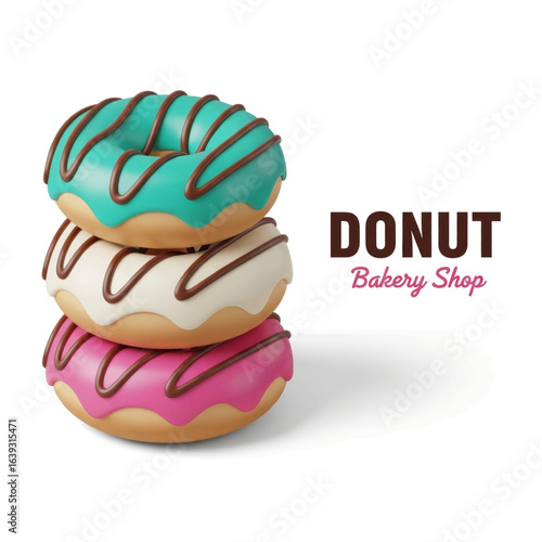 3D Rendered Stack of Three Glazed Donuts with Sprinkles for a Bakery Shop Vector Illustration Isolated on a White Background