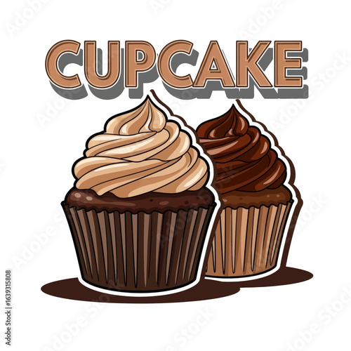 3D Rendered Cupcake Logo with Chocolate and Vanilla Flavors and "Cupcake" Text Vector Illustration