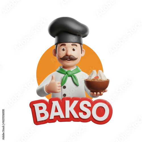 3D Rendered "Bakso" Mascot Character with Chef's Hat and a Bowl of Indonesian Meatballs Vector Illustration
