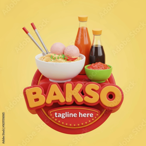 3D Rendered "Bakso" Logo with a Bowl of Meatballs and Sauces Vector Illustration