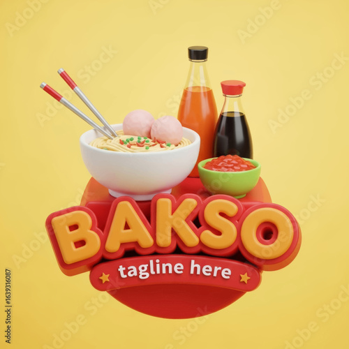 3D Rendered "Bakso" Logo with a Bowl of Meatballs and Sauces Vector Illustration