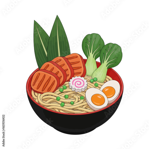 Hand-drawn style illustration of a vibrant and delicious bowl of ramen with pork slices, bok choy, and a soft-boiled egg Vector Illustration