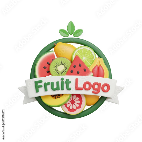 Colorful 3D render of a "Fruit Logo" badge with a medley of fresh fruits and a central banner Vector Illustration