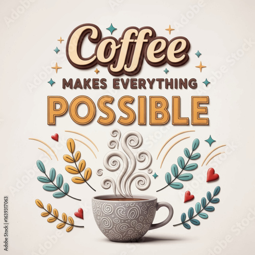 Creative typography graphic with the quote "Coffee makes everything possible" and a cozy, stylized cup