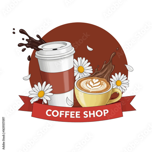 Graphic logo design for a coffee shop with a takeaway cup, latte art, and dynamic chocolate splashes