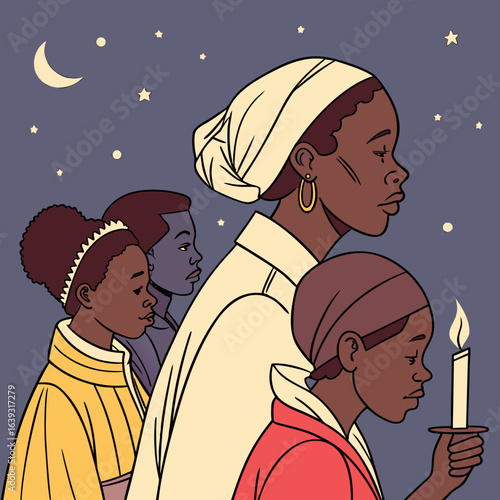 All generations and races hold candles in a moving ceremony for slave trade victims. International Day for the Remembrance of the Slave Trade and Its Abolition vector illustration