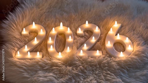 Celebration of the upcoming year 2026 with glowing candles and warm décor on a soft surface