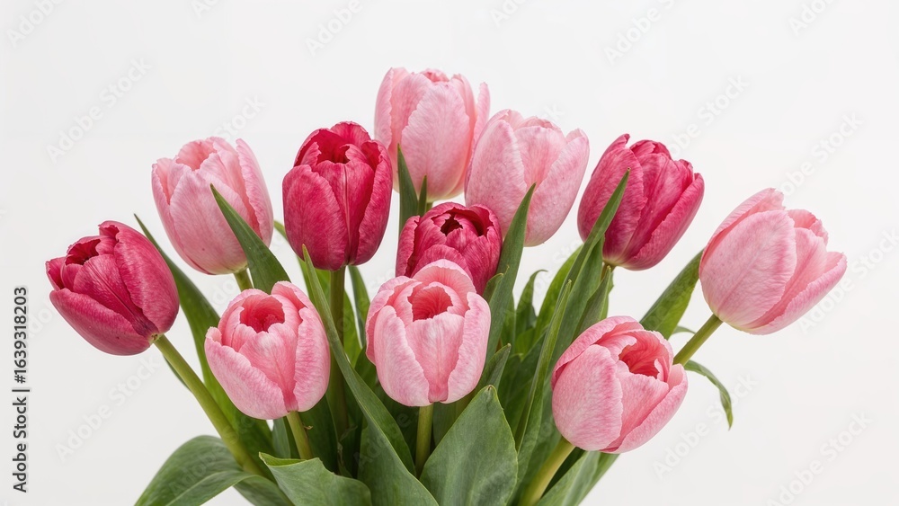 Fototapeta premium Arrangement of Pink Tulips on a White Surface