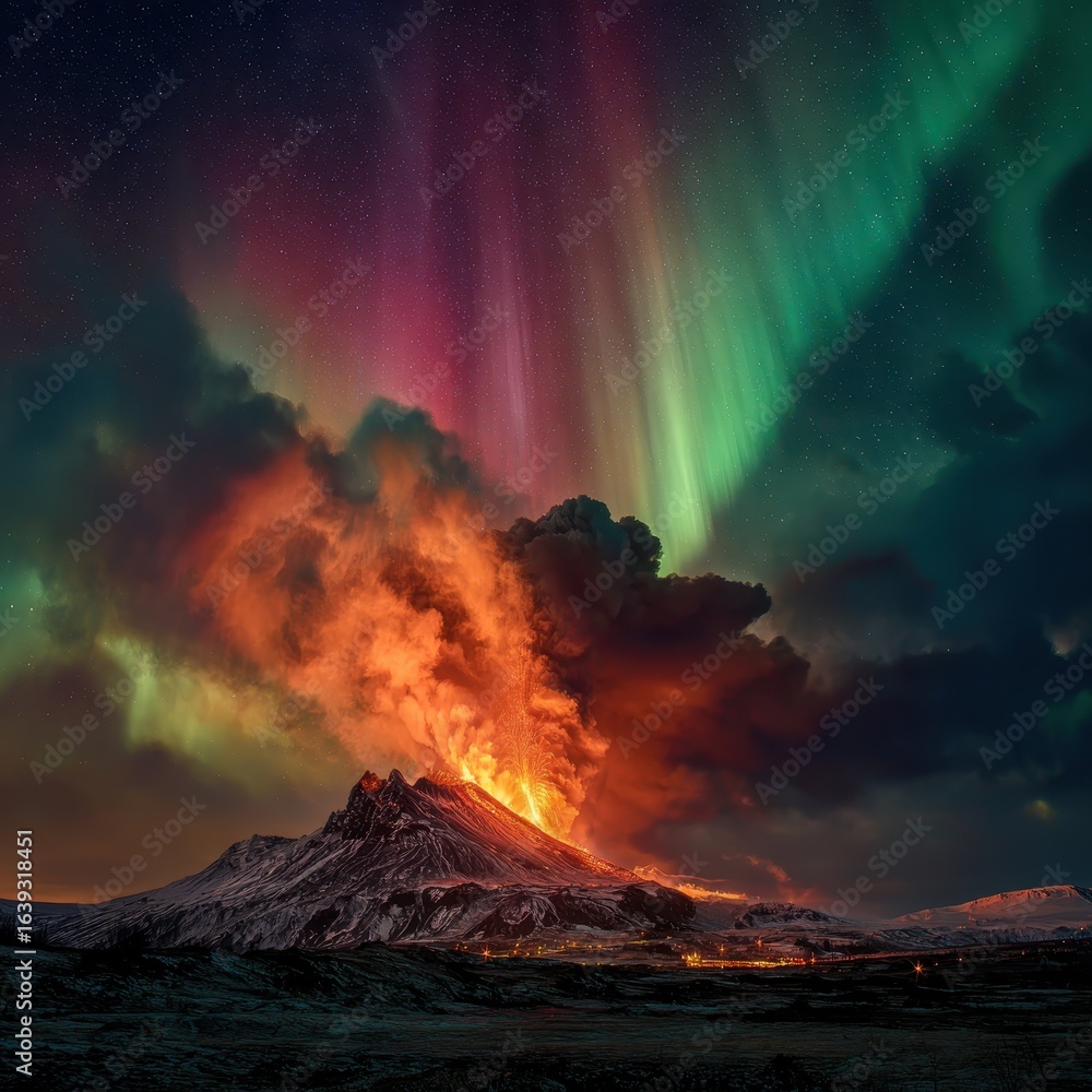 Fototapeta premium Erupting volcano under aurora borealis, Iceland, night