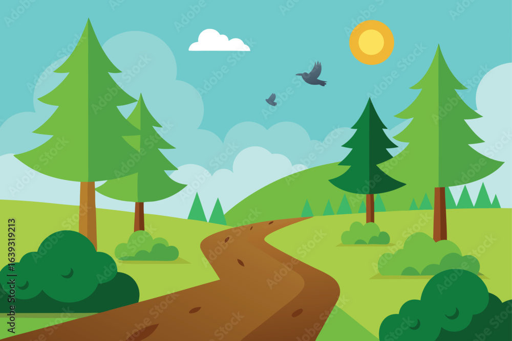 Obraz premium Cartoon Illustration of Serene Countryside Landscape with Winding Path Green Trees Birds and Sunny Sky Perfect for Childrens Books and Nature Inspired Designs