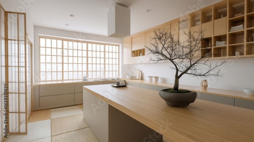 Minimalist Japanese kitchen with bonsai.