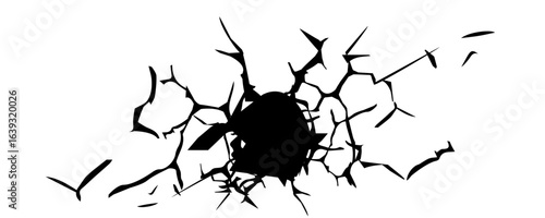 Wall crack icon. Hole in floor, broken glass symbol top view, break effect design