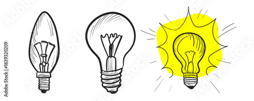 Light bulb sketch icon set. Doodle lamps, hand drawn idea concept, scribble lightbulbs