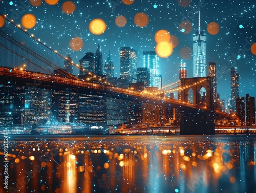 Futuristic cityscape background, bridge, blue night scene, gold city, finance, shinning effect, globalize