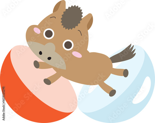 カプセルの上で跳ねる馬キャラクターのイラスト