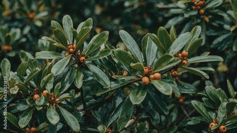 Fototapeta premium Branching flowering plant with buds and fruit belonging to the Buxaceae family, known as Sarcococca or sweet box, native to Asian and Himalayan regions