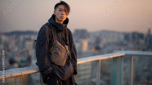 Young man in techwear on rooftop.