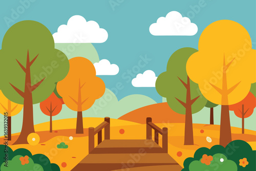Colorful Autumn Landscape with Wooden Bridge and Cartoon Trees in a Peaceful Scene Perfect for Backgrounds and Illustrations