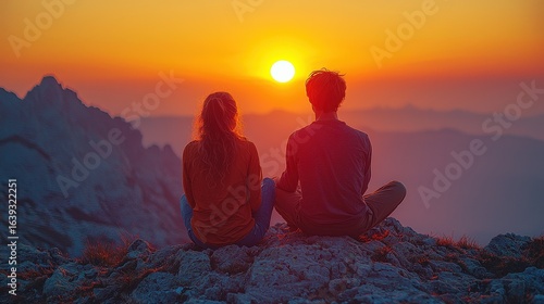 Happy couple together on the peak of a mountain at sunset landscape