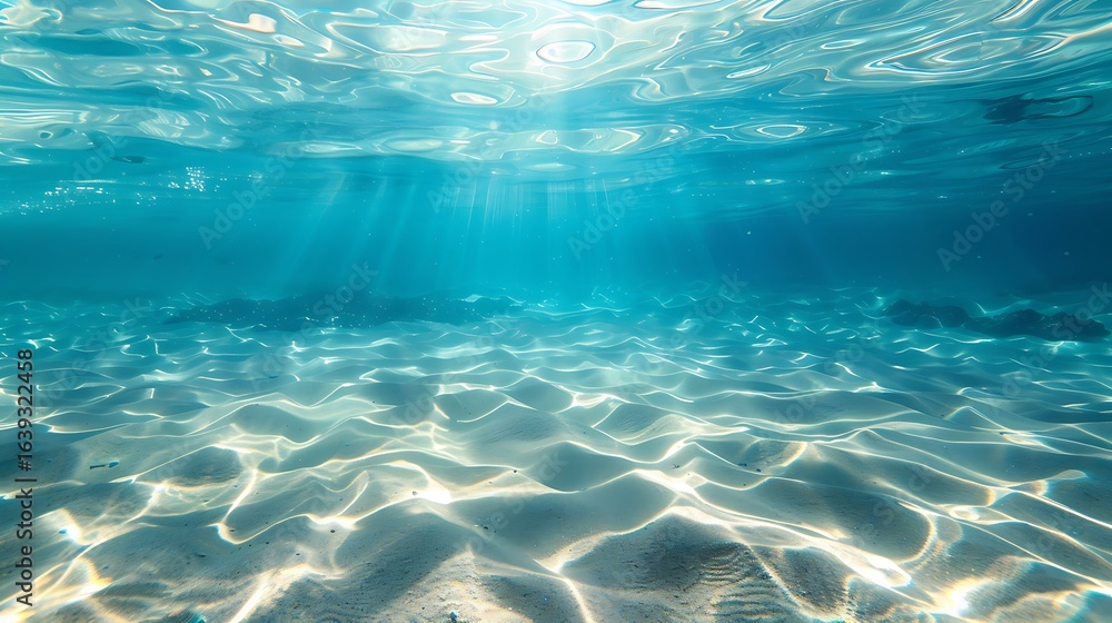 Fototapeta premium Sunlight filtering through clear turquoise water illuminating a sandy ocean floor