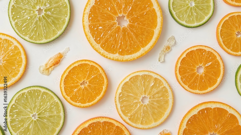 Obraz premium Colorful citrus fruit slices arranged on a white background, featuring orange, lemon, and complementary green and red elements