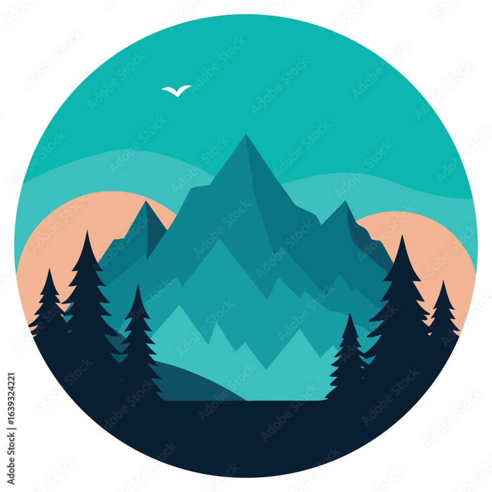 Obraz premium Vector art of stylized mountain landscape with pine trees and a sunset in a circular frame