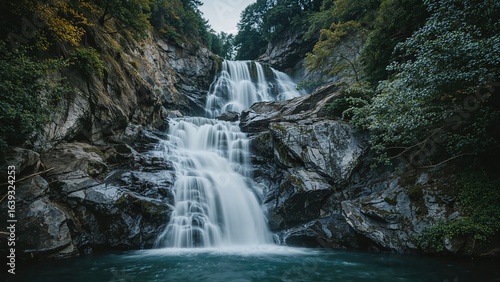An impressive long exposure image showcasing the smooth, flowing waters of a majestic waterfall surrounded by rugged peaks.