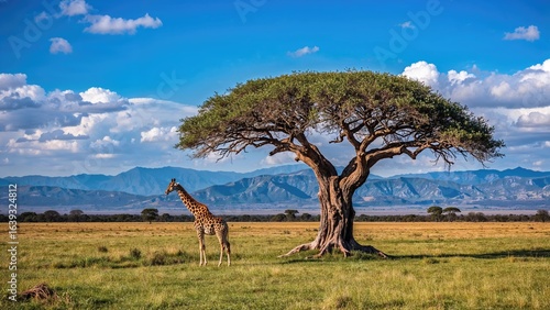 Open grassland scene featuring a single giraffe merged with a tree against a backdrop of hills and blue sky