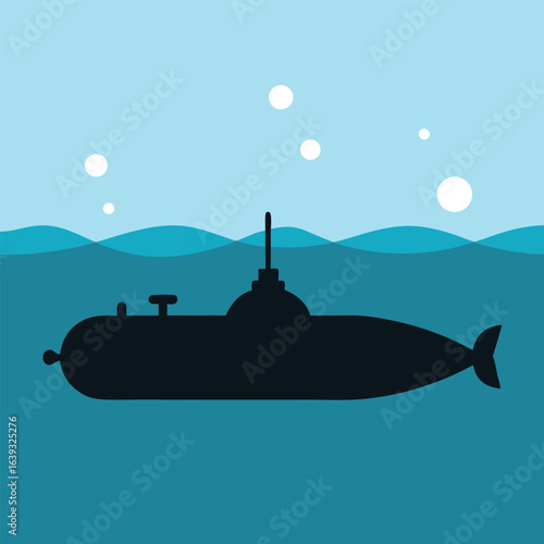 Vector art of silhouette of a submarine sailing underwater with bubbles and waves