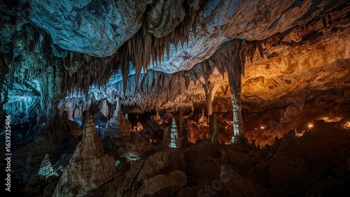 Lighted natural rock caves deep underground in a well-known location